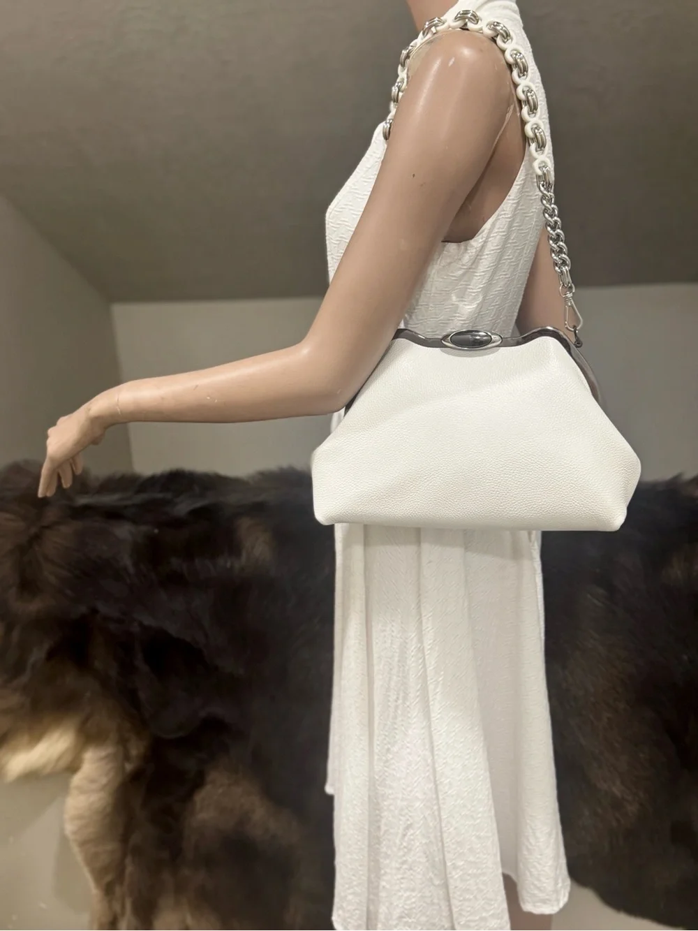 White Pebble Cowhide Handmade Custom Metal Frame Shoulder Bag, With 2 Straps